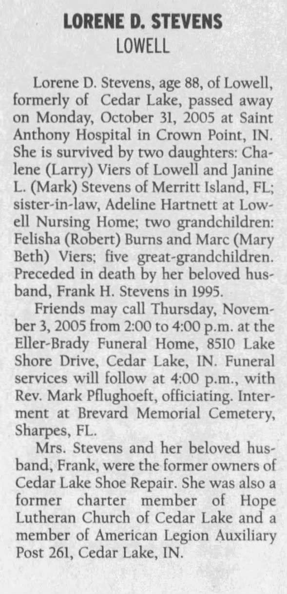 Obituary for LORENE D. STEVENS (Aged 88)